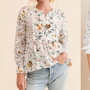 By Anthropologie Ginevra Lace Babydoll Blouse White With Floral Print Cotton XS